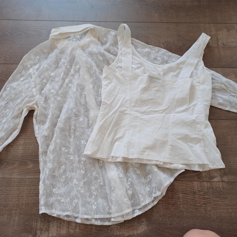 Anne Fontaine Sheer Lace Blouse and Cami Set White Ivory